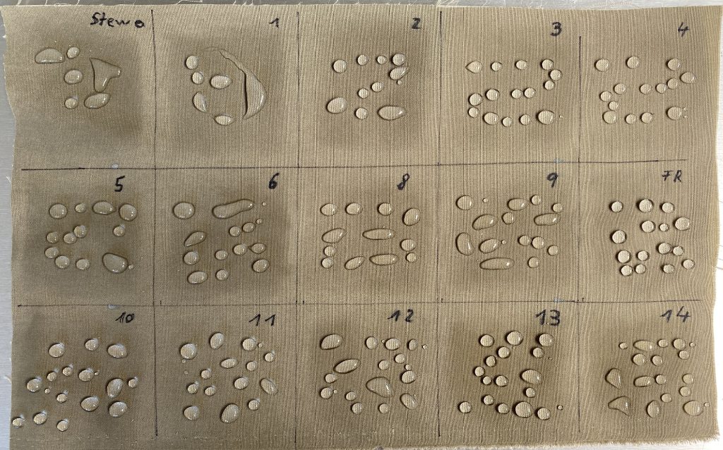 Stoffprobe mit verschiedenen Testfeldern für Tropfentest